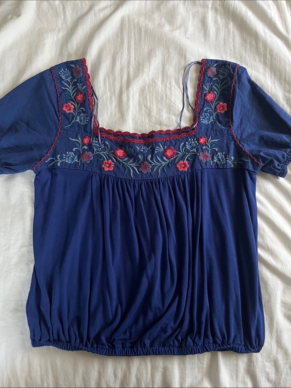 Lucky Brand Navy Blue Embroidered Square-Neck Top